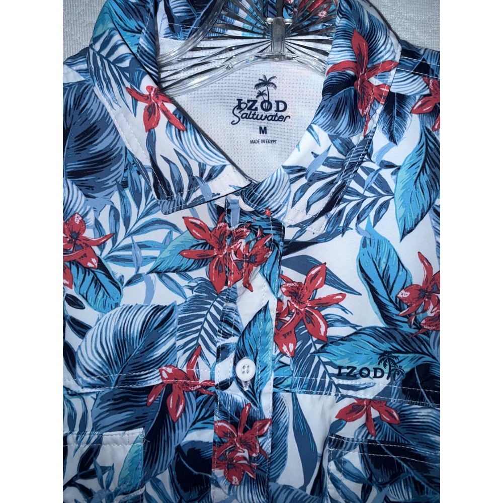 IZOD Button Down Mens Medium Blue Saltwater Tropical Floral UPF-45‎ Shirt - Picture 3 of 12